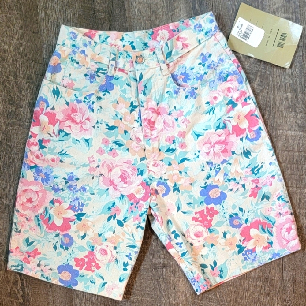 80's 90's Vintage High Waist Floral Print Jean Shorts Womens 4 Cream 100% Cotton